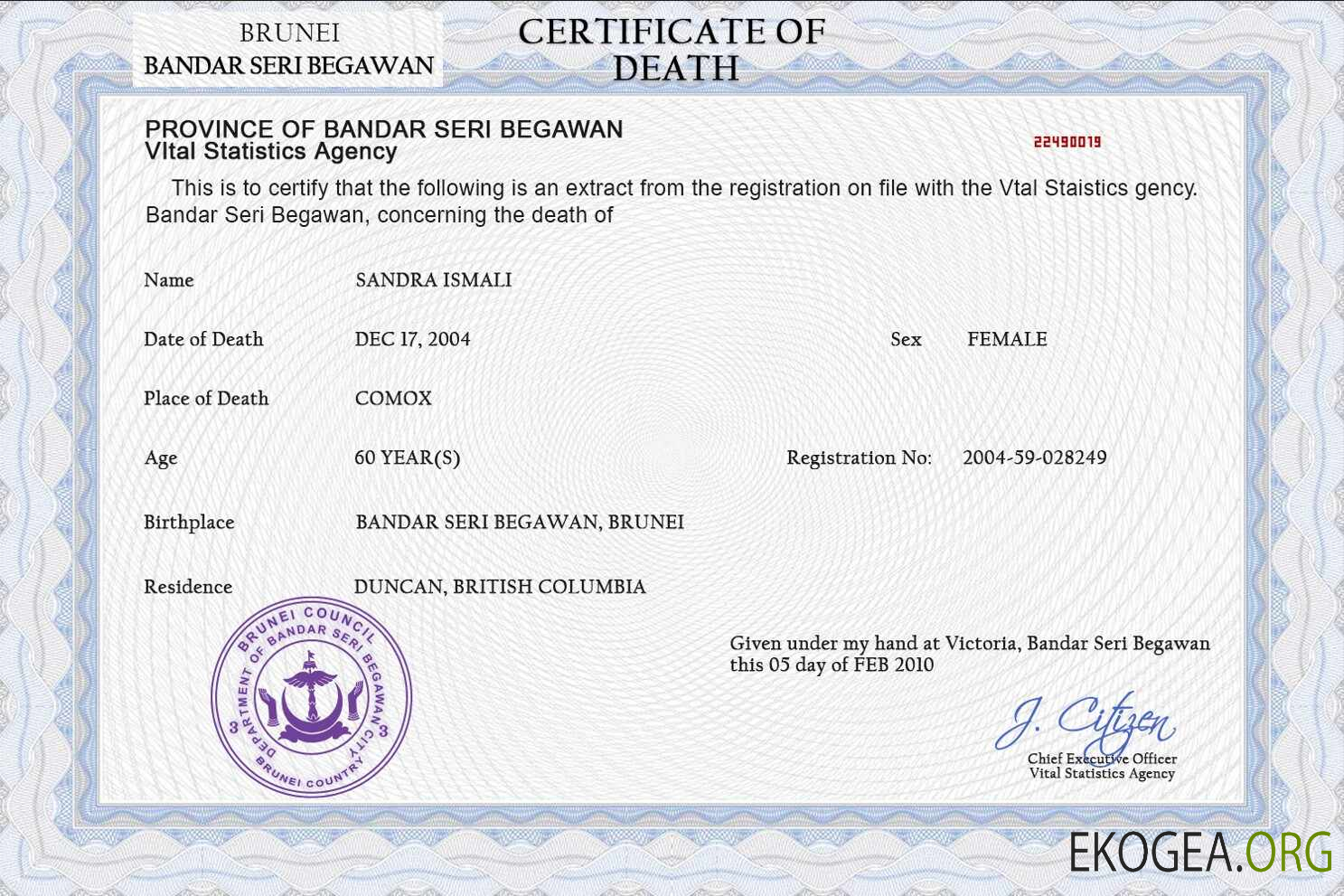 Modèle PSD de certificat de décès de l'état civil de Brunei